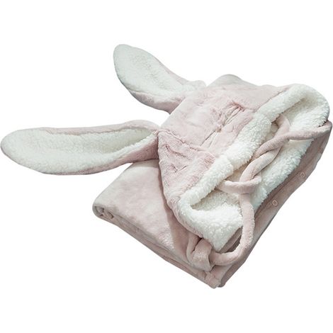 Couverture à capuche portable en polyester peluche oreilles de lapin, douce et chaude, rose grande taille (1/5)