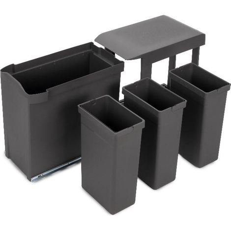 emuca contenedores de reciclaje para cocina, 3 x 10l, fijación inferior y extracción automática, acero y plástico, gris antracita (1/7)