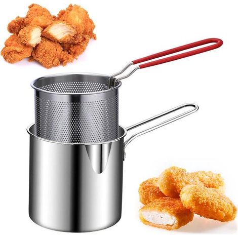 Freidora，1,3 l，Freidora pequeña con cesta，Freidora doméstica，Freidora de patatas fritas，Apta para gas e inducción，Acero inoxidable (1/5)