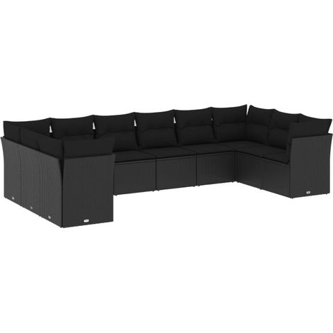 Salon de jardin 10 pcs Mobilier de jardin avec coussins noir résine tressée (1/5)