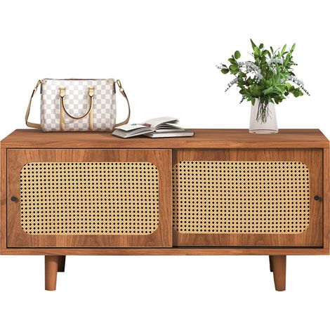 CHICFURN Meuble à chaussures 2 portes en résine tressée, 1 étagère réglable, bois foncé, pour entrée, salon ou chambre, design moderne, 104 x 40 x 48 cm (1/5)