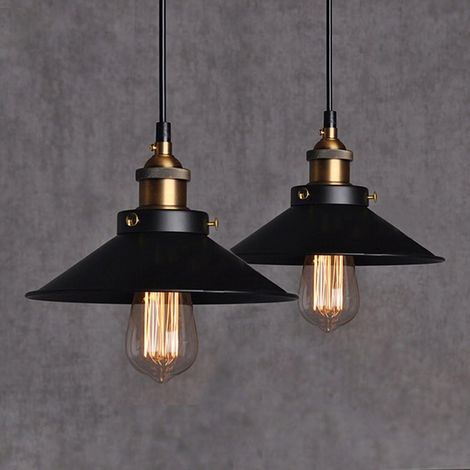 2PCS Suspension Rétro en Métal Noir - Lampe Vintage Plafonnier Edison Culot E27 - Luminaire Épuré Éclairage Tendance 26cm Version haute (sans ampoule) (1/4)