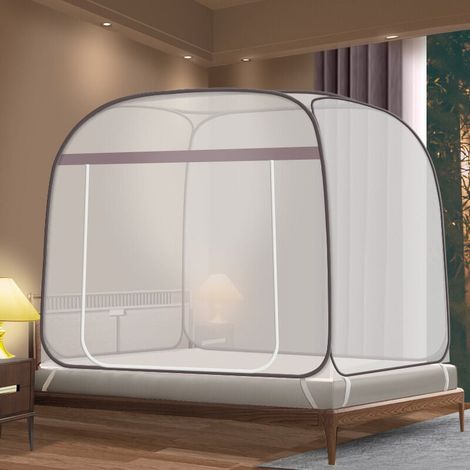 Moustiquaire de lit , tente de voyage pliable et portable avec double porte et fond, idéale pour les voyages en plein air. Installation facile, grise. (1/4)