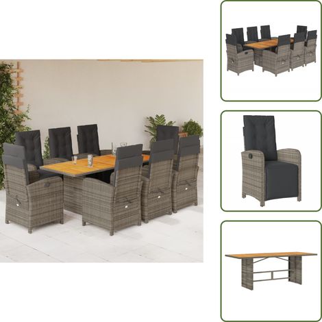 The Living Store 9-tlg. Garten-Essgruppe mit Kissen Grau Poly Rattan - Gartenessgruppe (1/5)