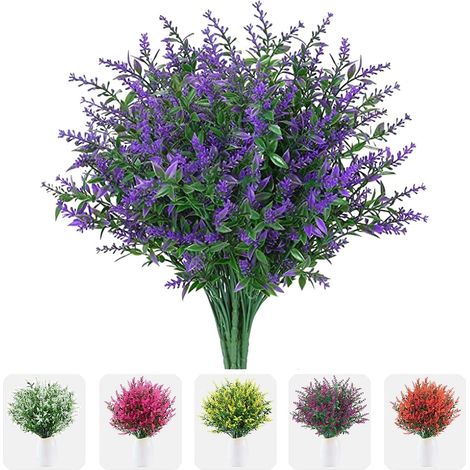 Lavender - Faux Flowers - UV Resistant - Outdoor Indoor Decor - Plastic Stems - 8 Bundles - Purple (1/5)
