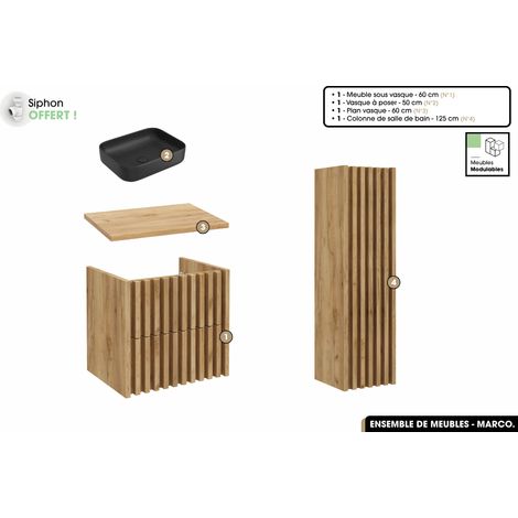 Ensemble complet de salle de bain - Meuble - Colonne - Vasque à poser avec Siphon OFFERT MARCO Oak 60 x 56 x 45 cm (1/5)