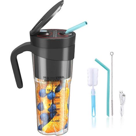 Mixeur personnel portable pour milkshakes et smoothies, avec 6 lames, rechargeable par USB, poignée et couvercle avec paille. (1/5)