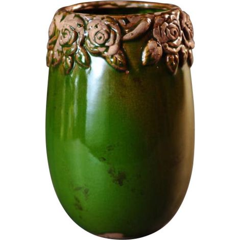 Vaso in ceramica decorato color verde muschio, 20x29,5 cm. (1/2)
