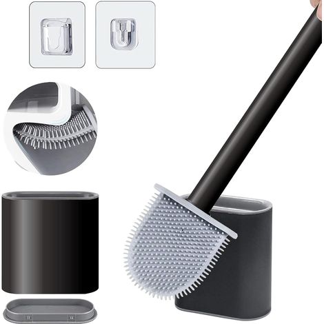 Brosse de toilette en silicone avec support (fixation au sol/murale) et base anti-goutte.