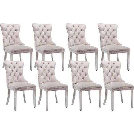 Lot de 8 chaises de salle à manger en velours capitonné, pieds inox argentés (1/5)