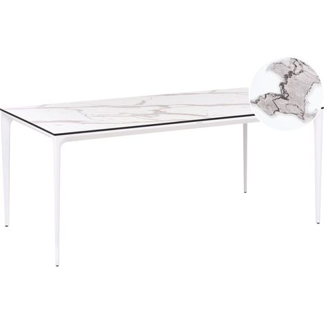 Tavolo da pranzo da giardino con piano in marmo bianco HPL e struttura in alluminio resistente ai raggi UV e alla ruggine Bianco con Sovareto (1/5)