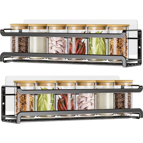 Lot de 2 étagères à épices murales, sans perçage, inoxydables et stables, avec protection anti-chute, pour porte d'armoire, garde-manger et carrelage, en acier inoxydable, noir, 29 x 7 x 7 cm (1/5)