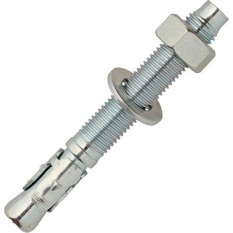 Boîte 10 Goujons d'ancrage acier zingué M16x180x80mm, Écrou et rondelle montés, Douille en 3 éléments, Acier haute résistance, Extrémité avec chanfrein protégeant le filetage lors de la pose