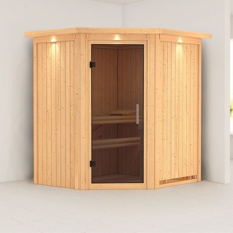 Sauna d'Angle Traditionnel Karibu Tonja 3-4 Places 68mm avec Couronne Lumineuse et Porte en Verre