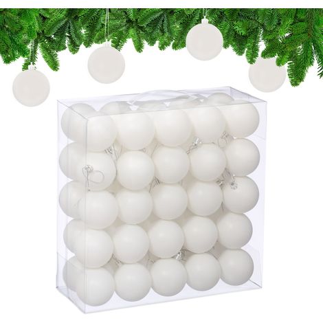 Relaxdays Christmas Baubles, Set of 50, Tree Ornaments, Holiday Decorations, Plastic, Shatterproof, 6 cm, Matte, White (1/5)
