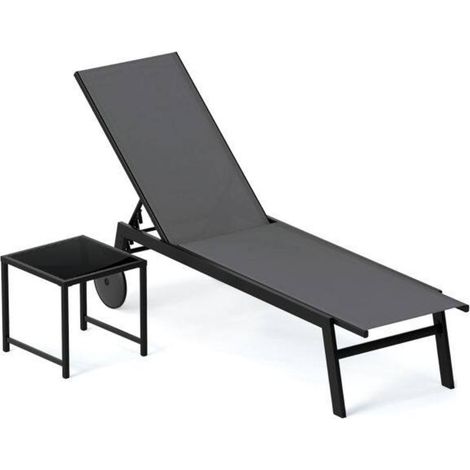 Dossier 6 positions pour mieux se détendre, transat de jardin avec table d'appoint et roulettes, gris (1/5)