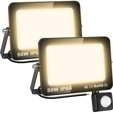 2 Pcs Projecteur led extérieur avec detecteur de mouvement, 50W 5000LM 3000K Blanc Chaud Spot led extérieur, IP66 Étanche eclairage de sécurité floodlight pour Terrasse Garage Jardin