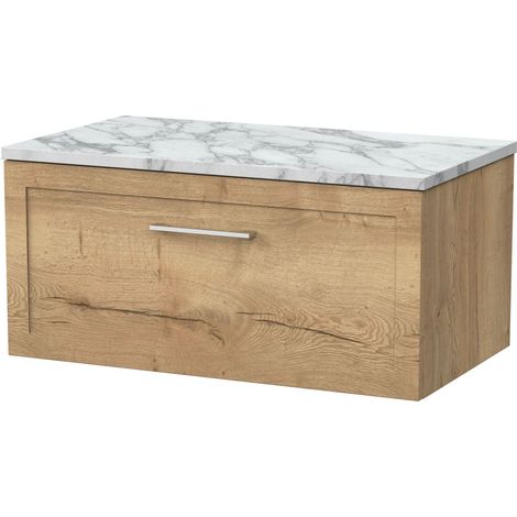 Stonnall Traditional Wall Hung 1 Drawer Vanity Unit with Carrera Marble Laminate Worktop, 800mm, Autumn Oak
