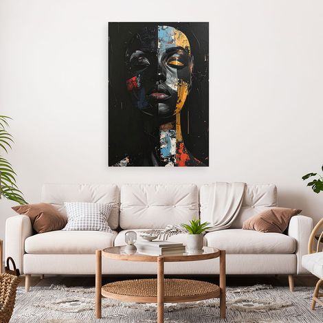Wandbild Porträt einer Frau abstrakt auf schwarzem Hintergrund mit bunten Akzenten 70x100 (1/4)