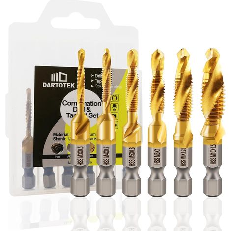 Jeu de forets et de tarauds combinés, outil de taraudage revêtu de titane 6pcs Taraud métrique Mèche pour perçage Taraudage, chanfreinage (1/5)