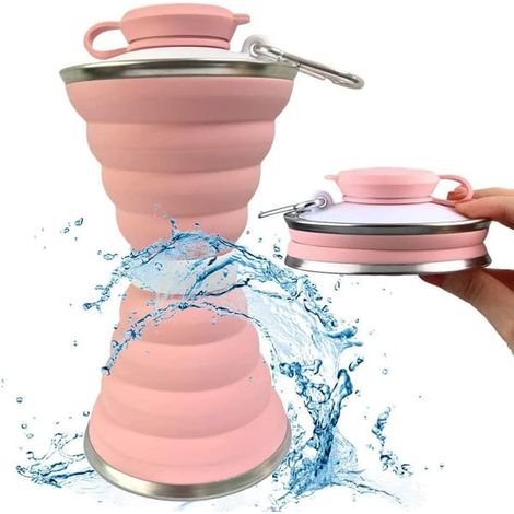 Gourde pliable, tasse de camping avec mousqueton, gourde de sport portable réutilisable en silicone, idéale pour les voyages, le sport en extérieur, la salle de sport et la randonnée (rose). (1/5)