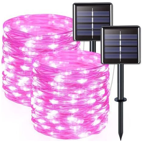 2 Pack Solar String Lights Outdoor, Copper Wire, Waterproof, 7 Meters Per String, 50 LED (Pink Light) (1/5)