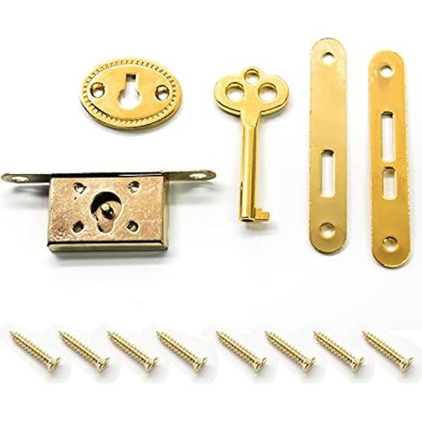Jiozermi Lot de 2 mini serrures avec clé squelette, serrures à mortaise, serrure antique pour boîte à bijoux, boîte à vin et armoire, doré (1/5)