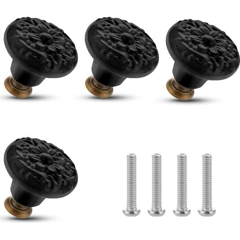 4 boutons de meuble noirs vintage motif fleurs, avec vis, pour tiroirs et placards. (1/5)