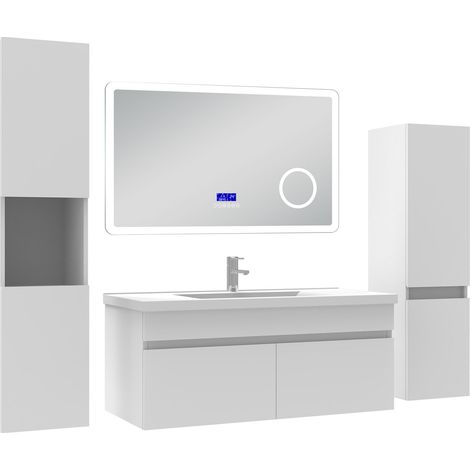 Ocean Ensemble meuble salle de bain 100 cm blanc, lavabo céramique + 2 colonnes hautes + Miroir Bluetooth avec 3 couleurs dimmable, suspendu