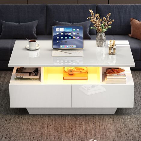 Wohnzimmertisch Couchtisch mit LED und 2 Schubladen OKMYHOME (1/5)
