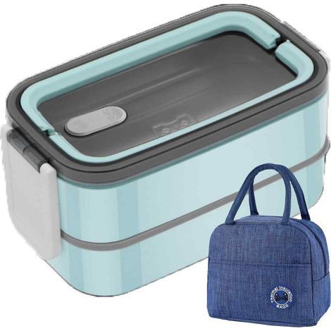 boîte à lunch isotherme,304Boîte à lunch portable en acier inoxydable bleu à 2 compartiments + sac à lunch (1/5)