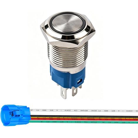16mm Bouton Poussoir Momentané en Acier Inoxydable, Anneau de lumière LED, 12V-24V 5A 1NO1NC SPDT ON Off Bouton Étanche avec Fiche à Douille (LED Blanc) (1/5)