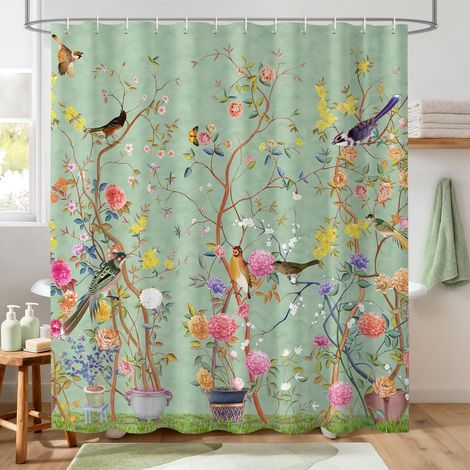 Rideau de Douche au Artistique avec Fond Vert, Motifs d'arbres, d'oiseaux et de Fleurs, Rideau de Douche imperméable pour la décoration de la Salle de Bain, 180 x 180 cm avec 12 Crochets (1/5)