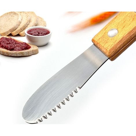 Set aus zwei Buttermessern: ein großes und ein kleines, darunter ein Buttermesser aus Edelstahl, ein Buttermesser mit Holzgriff und ein Butterschneider. (1/3)