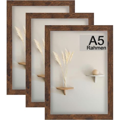 Lot de 3 cadres photo, format A5, 15 x 21 cm, style rustique, marron, avec verre acrylique, pour certificats, autoportants et montage mural (1/5)