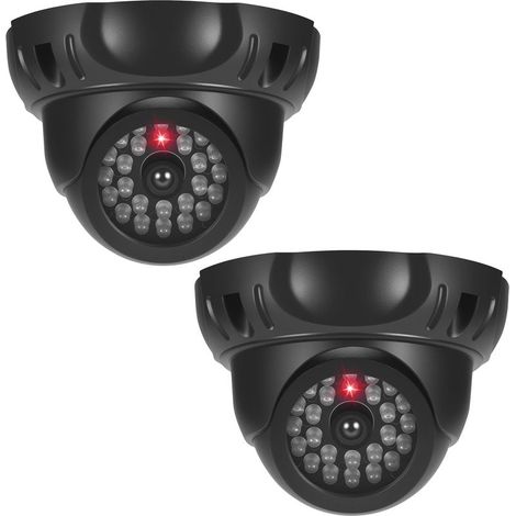 Camera Factice, 2Pcs Caméra Factice Extérieure avec LED Rouge Clignotante, Fausse Camera Surveillance Exterieur avec 2Pcs Autocollants d'avertissement pour Exterieur et Intérieure (Noir)