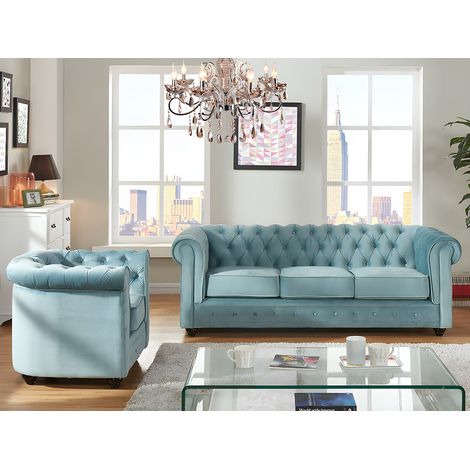 Canapé 3 places et fauteuil CHESTERFIELD - Velours bleu pastel (1/4)