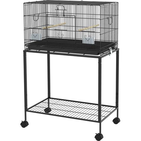 Cage à oiseaux à roulettes 77 x 46 x 119 cm, en métal, avec plateau amovible, 2 perchoirs et 2 mangeoires, noire. (1/5)