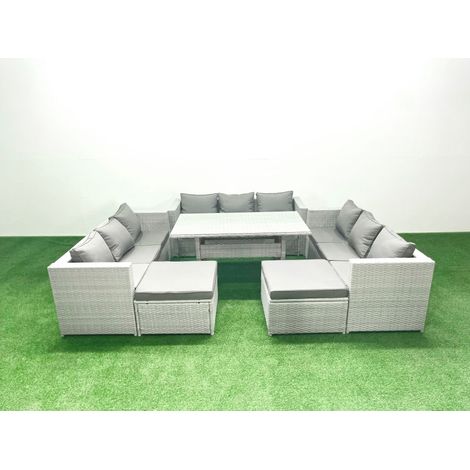 Fimous Ensemble de meubles de jardin en polyrotin 11 places  avec 2 Grands Tabourets Gris clair mélangé (1/5)