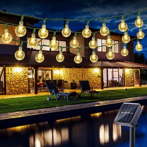 Pair - Guirlande Lumineuse Solaire Extérieure, 6.5M 30 LED Guirlande Lumineuse Boule de Cristal Solaire 8 Modes Imperméable Intérieur Extérieur pour Jardin, Patio, Mariage, Fête, Noël, Blanc Chaud (1/5)