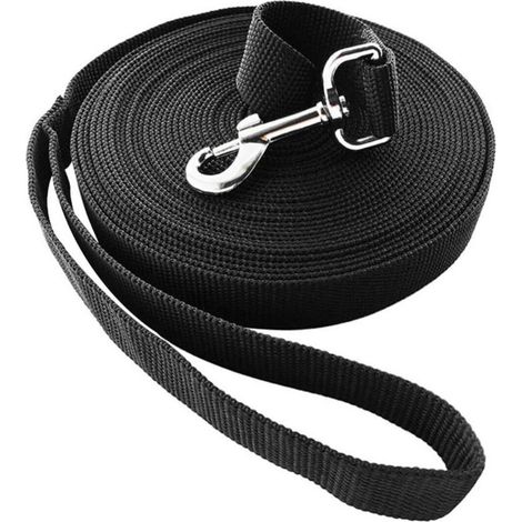 Laisse longue de dressage 10m noire en nylon résistant  Idéale pour promenade, jogging ou éducation canine  Utilisation mains libres adaptée à tous chiens