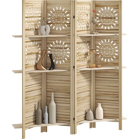 Divisorio a quattro pannelli e tre ripiani, 160 x 170 cm, paravento pieghevole, legno di paulownia, legno naturale