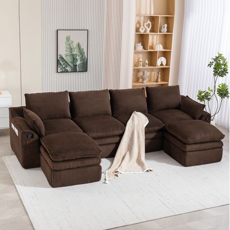Canapé modulare 4 posti in tessuto a coste marrone 335x167x85 cm con 2 pouf e tasche laterali (1/5)