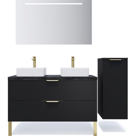 Meuble de salle de bain suspendu 2 vasques à poser 120cm 2 tiroirs Noir + miroir + colonne ouverture droite - Venice (1/5)