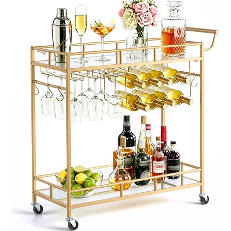 VEVOR Barwagen mit 2 Ebenen, Servierwagen mit Verspiegelten Glasablagen, Glashalter, Weinablage & Griff, Getränkewagen als Rollwagen für Wohnzimmer, Esszimmer und Küche, Küchenwagen in Goldfarben (1/5)
