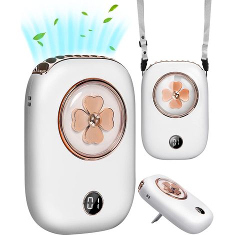 Ventilateur de cou portable mini rechargeable à 3 vitesses (blanc), batterie 2000 mAh avec indicateur LED et cordon d'alimentation, idéal pour l'exté (1/5)