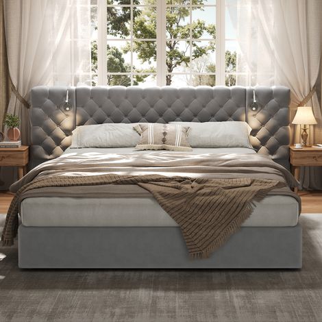Upholstered bed, king size - 5 ft (150200 cm), hydraulic storage bed, with reading light, wide headboard, excluding bedside tables and mattress, velvet, gray