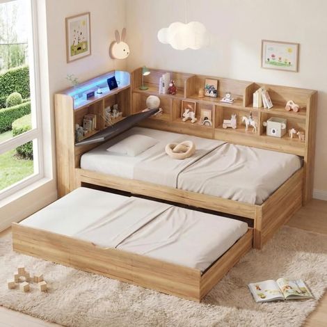 Lit enfant - Lit 90x200 cm avec gigogne 90x190 cm - LED intégrée - Ports USB/Type‑C - Sommier à lattes inclus