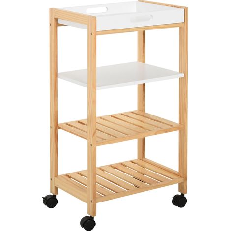 HOMCOM Chariot de service desserte de cuisine à roulettes 3 étagères + plateau amovible bois de pin MDF blanc