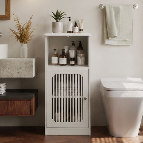 Meuble sous vasque salle de bain blanc, meuble sur pied avec porte à lattes, rangement étagé multi-niveaux, finition résistante à l'humidité, pour salle d'eau moderne. (1/5)
